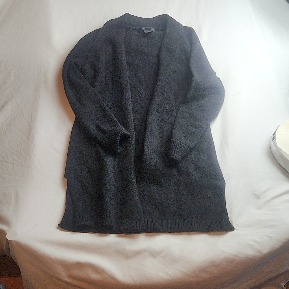 Joan Vass Open Front Long Cardigan Sweater Black Boucle Women's Size XS